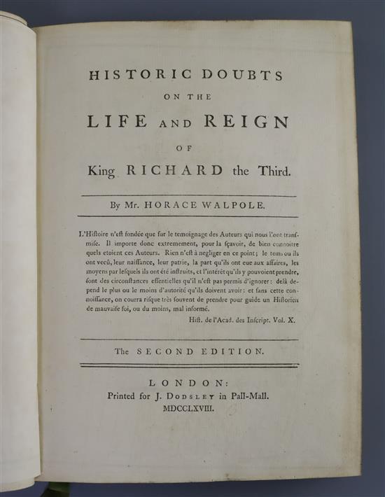 Walpole, Horace - Historic Doubts on the Life and Reign of King Richard and the Third, 2nd edition, qto,